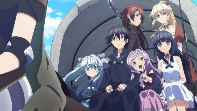 A group of characters including Suzuki Pochi Tama Mia and others gather together in an anime scene from Death March to the Parallel World Rhapsody