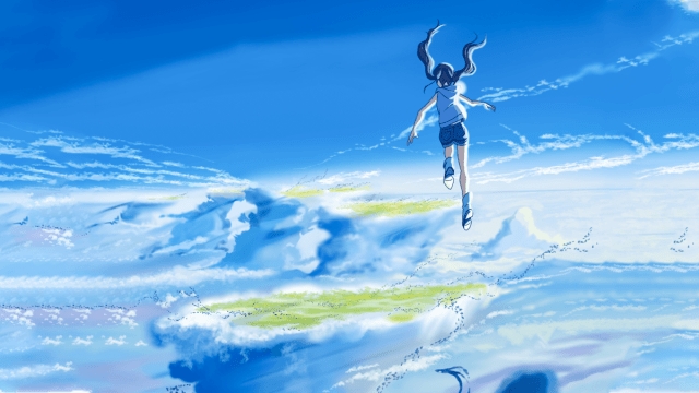 Hina Amano leaps into the sky amidst clouds in a scene from the anime movie Weathering With You.