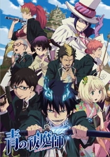 The main cast of the Blue Exorcist anime series, featuring Rin Okumura in the foreground surrounded by his classmates and allies