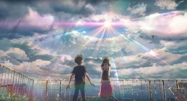Hodaka and Hina gaze at the sun breaking through the clouds in a scene from the anime movie Weathering With You.