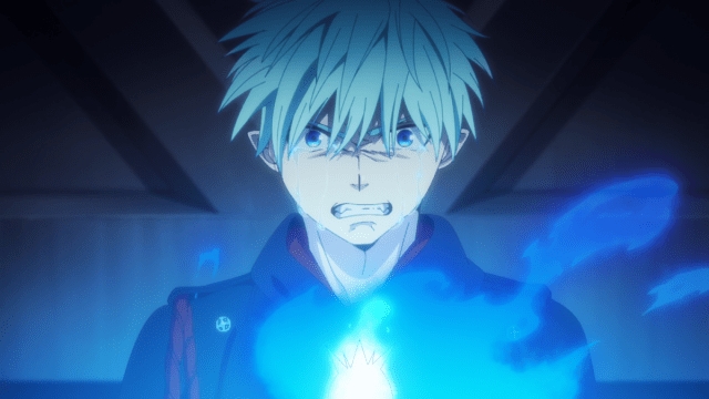 Rin Okumura, with blue flames erupting around him, expresses distress in a scene from the Blue Exorcist anime series