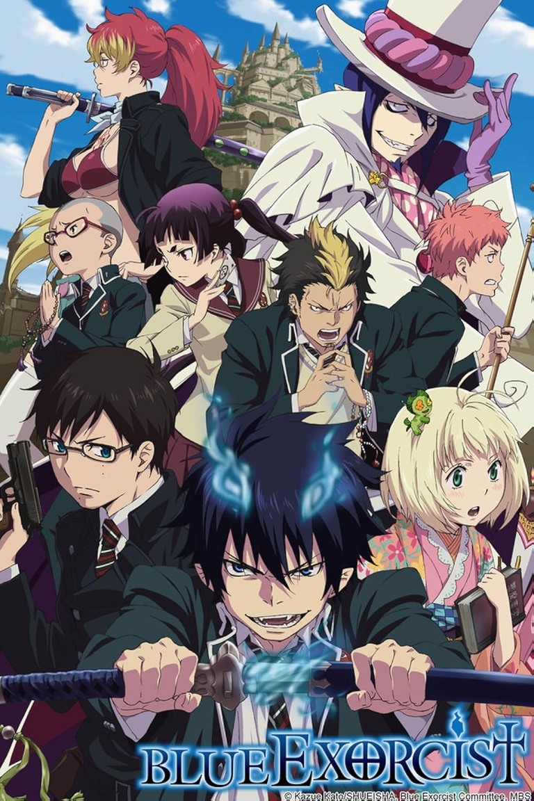 The main cast of the Blue Exorcist anime series, featuring Rin Okumura in the foreground with his demonic flames, surrounded by his classmates and mentors, including Yukio Okumura and Mephisto Pheles