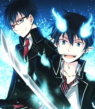 Rin Okumura with blue flames and his brother Yukio Okumura holding a sword in the anime series Blue Exorcist